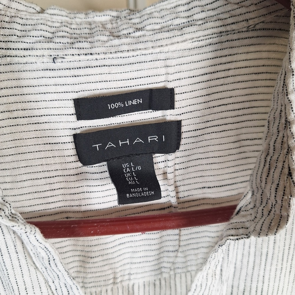 Tahari 100% Linen Striped Oversized Slouchy Button Front Boho Granola Preppy Top - Picture 4 of 8